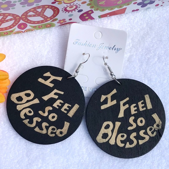 Large Boho Christian Earrings Wood Dangle Blessed - Picture 3 of 3